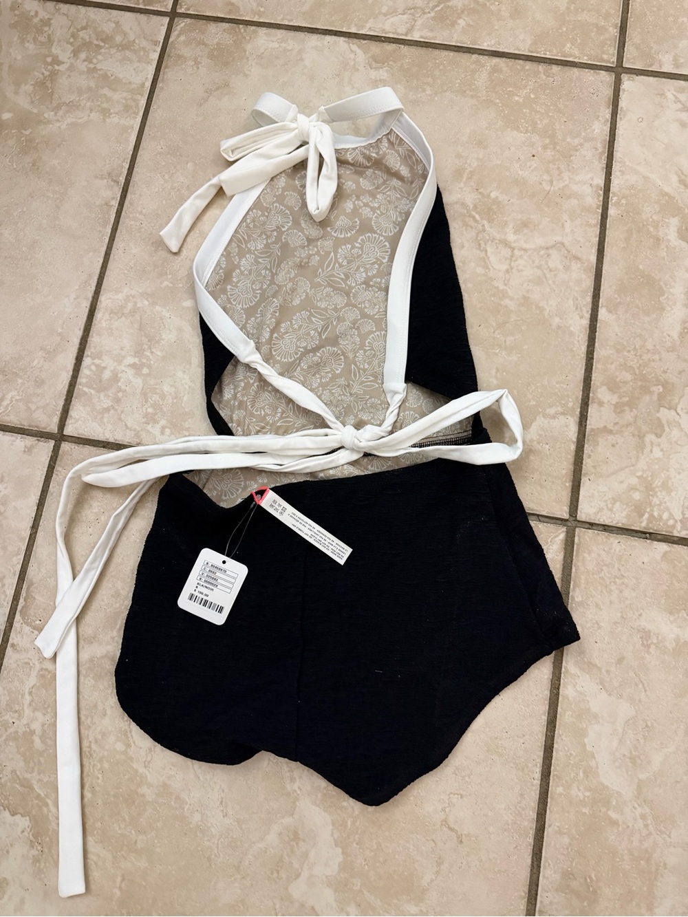 Free People Black One-Piece Swimsuit with White Ties and Floral Mesh Back